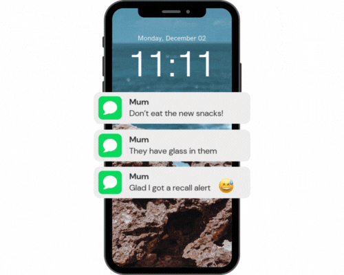 Phone displaying messages from Mum with a warning not to eat contaminated food