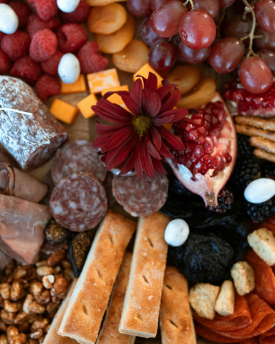 Beautiful photo of food arranged in a charcuterie snack board