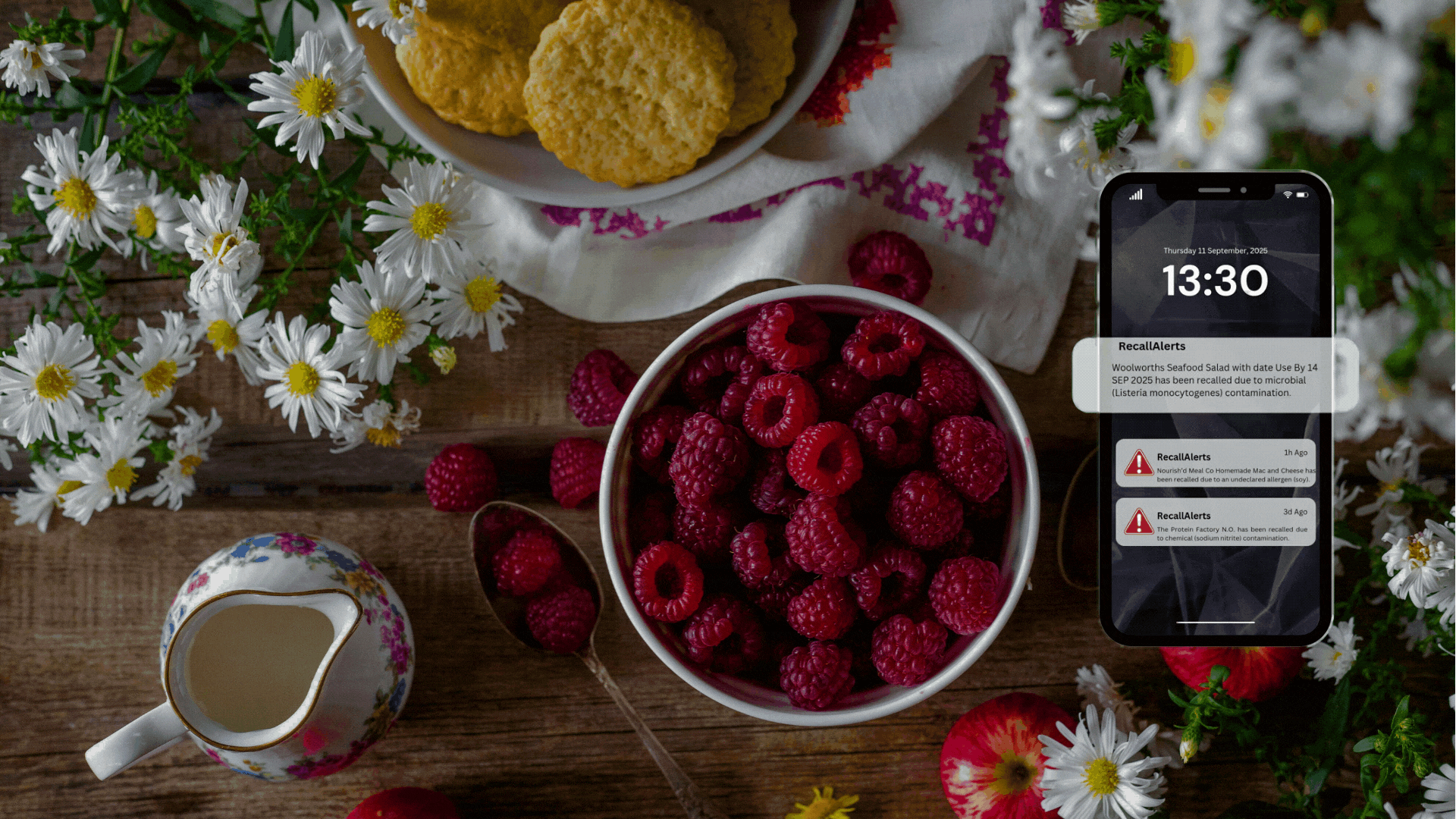 Beautiful food with an example of the SMS messages you will receive.